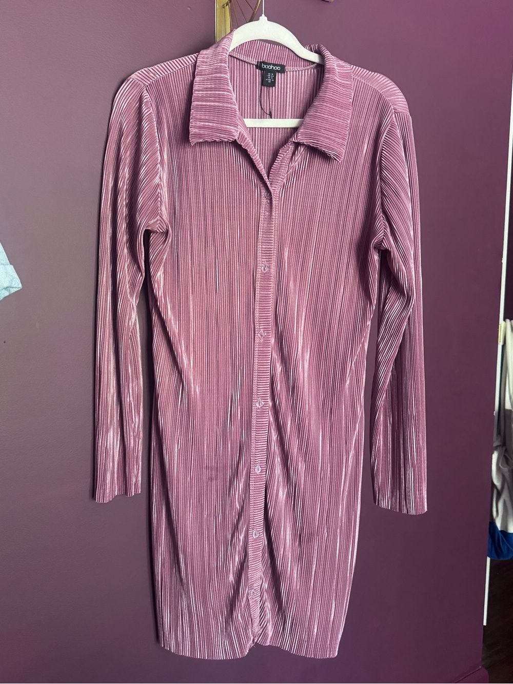 boohoo Ribbed Button-Up Shirt Dress - Mauve Pink